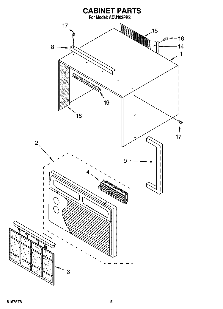 CABINET PARTS Diagram and Parts List for ACU102PK2  Whirlpool Air Conditioner