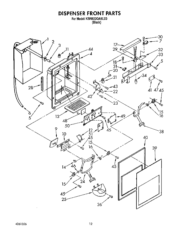 DISPENSER FRONT Diagram and Parts List for KSRB22QABL00  KitchenAid Refrigerator