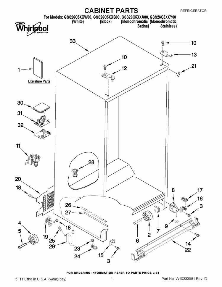 CABINET PARTS Diagram and Parts List for GSS26C5XXA00  Whirlpool Refrigerator