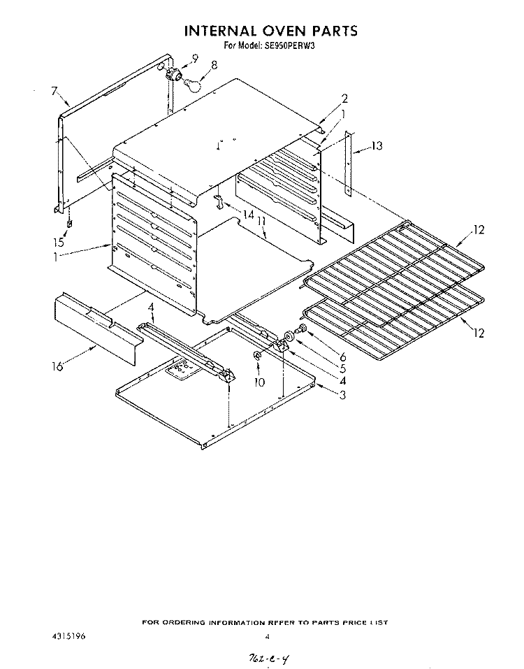 INTERNAL OVEN Diagram and Parts List for SE950PERW3  Whirlpool Range