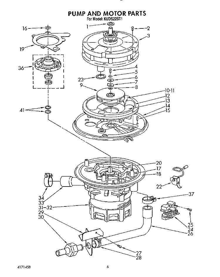 PUMP AND MOTOR Diagram and Parts List for KUDS22ST1  KitchenAid Dishwasher