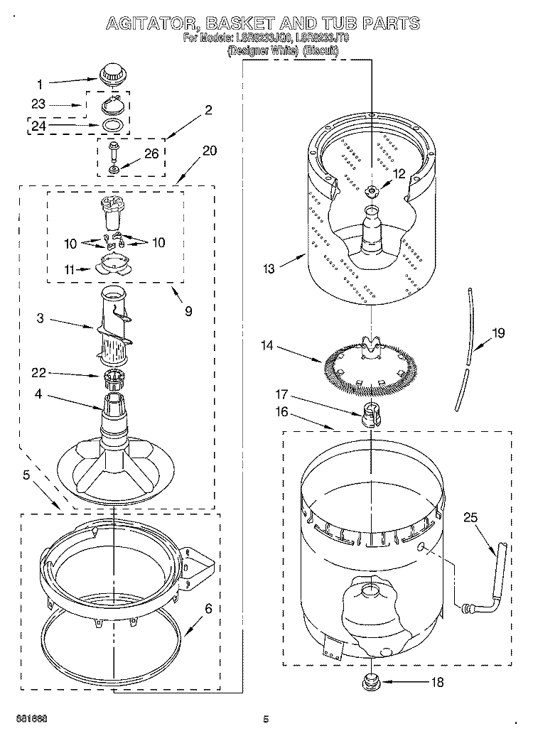 AGITATOR, BASKET AND TUB Diagram and Parts List for LSR8233JT0  Whirlpool Washer