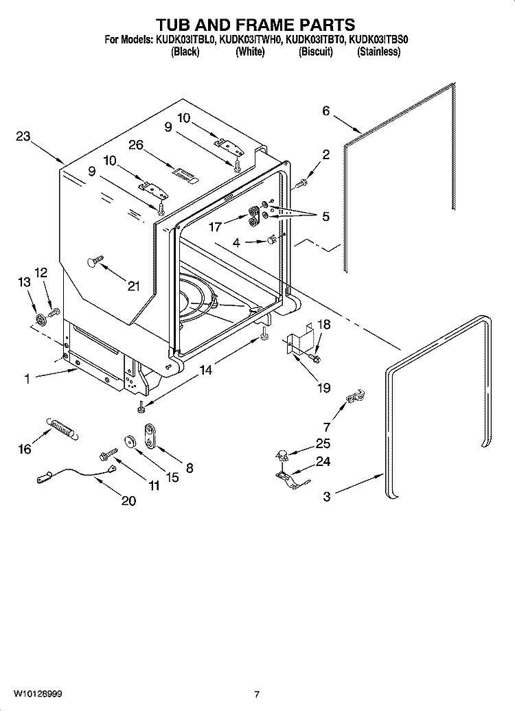 TUB AND FRAME PARTS Diagram and Parts List for KUDK03ITBT0  KitchenAid Dishwasher