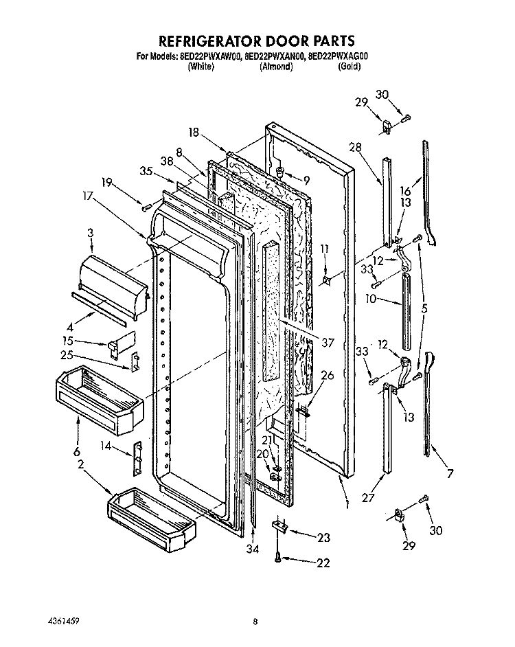 REFRIGERATOR DOOR Diagram and Parts List for 8ED22PWXAW00  Whirlpool Refrigerator