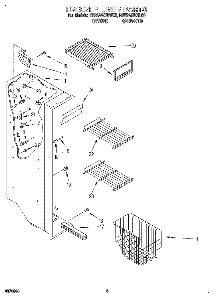 FREEZER LINER Diagram and Parts List for RS25AWXBW00  Roper Refrigerator