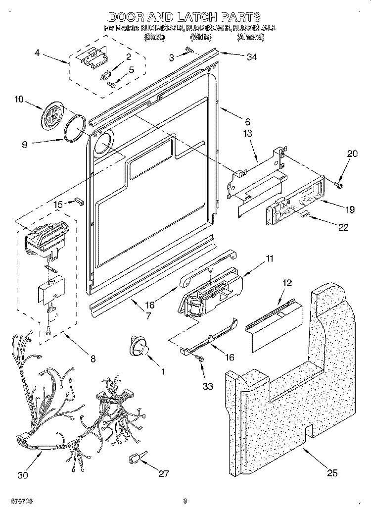 DOOR AND LATCH Diagram and Parts List for KUDI24SEWH5  KitchenAid Dishwasher