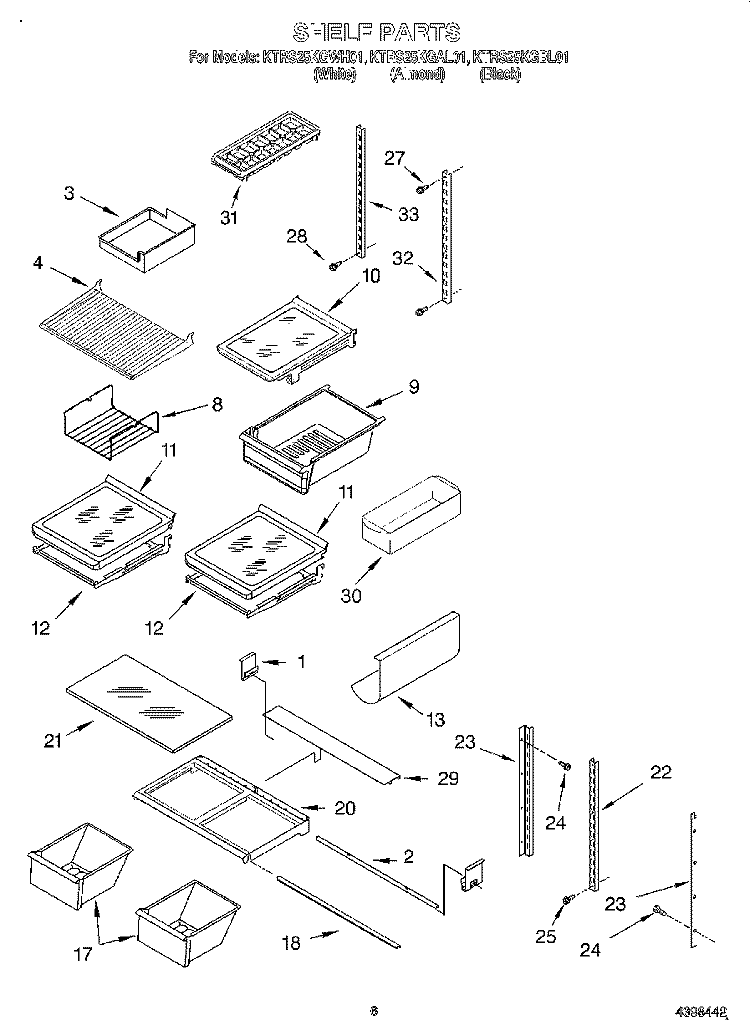 SHELF Diagram and Parts List for KTRS25KGWH01  KitchenAid Refrigerator