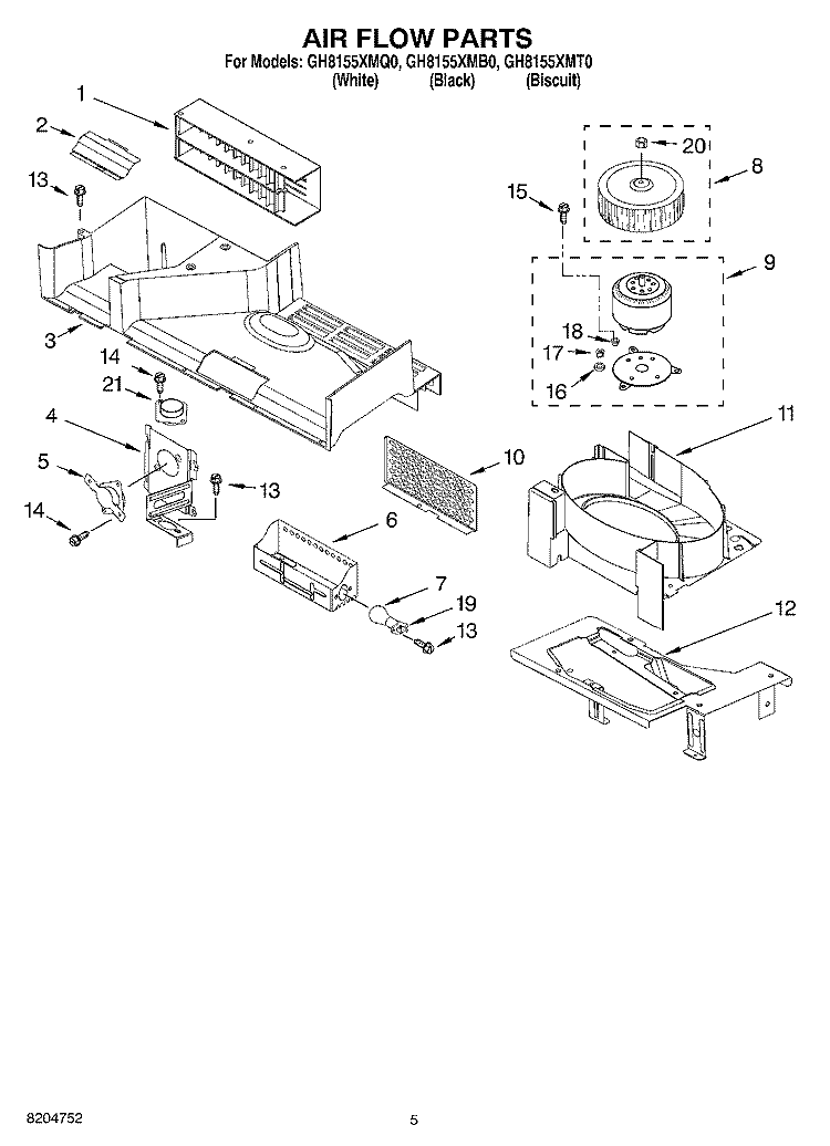 AIR FLOW PARTS Diagram and Parts List for GH8155XMQ0  Whirlpool Microwave