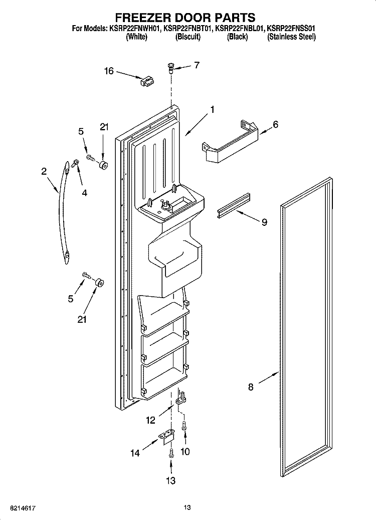 FREEZER DOOR PARTS Diagram and Parts List for KSRP22FNBL01  KitchenAid Refrigerator