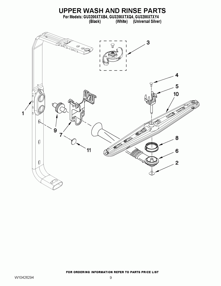 UPPER WASH AND RINSE PARTS Diagram and Parts List for GU3200XTXB3  Whirlpool Dishwasher