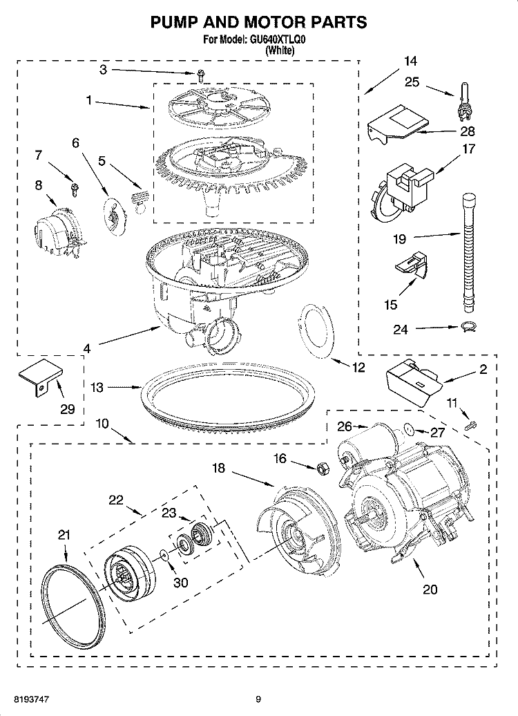 PUMP AND MOTOR PARTS Diagram and Parts List for GU640XTLQ0  Whirlpool Dishwasher