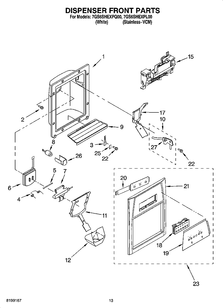 DISPENSER FRONT PARTS Diagram and Parts List for 7GS6SHEXPQ00  Whirlpool Refrigerator