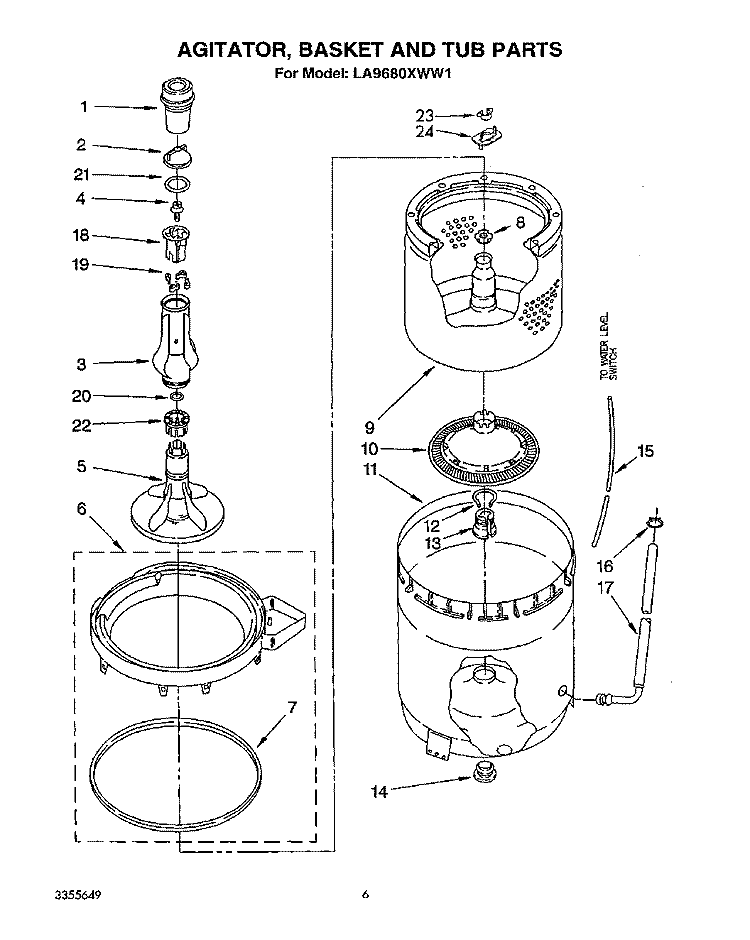 AGITATOR, BASKET AND TUB Diagram and Parts List for LA9680XWF1  Whirlpool Washer