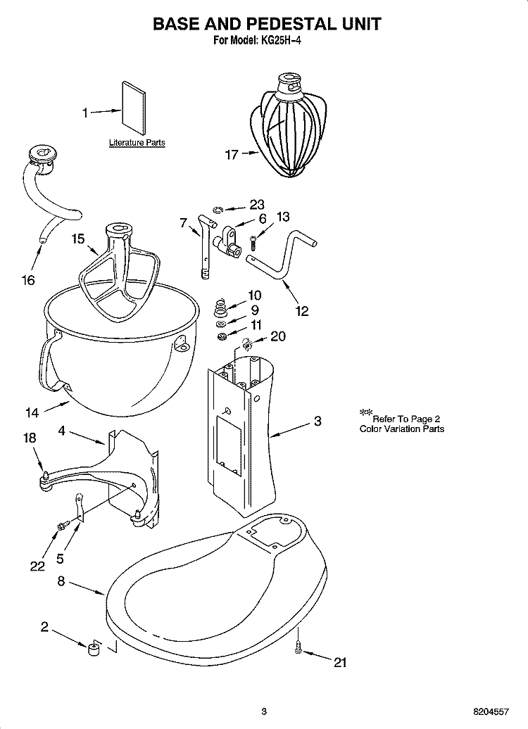 BASE AND PEDESTAL UNIT Diagram and Parts List for KG25H-4  KitchenAid Mixer