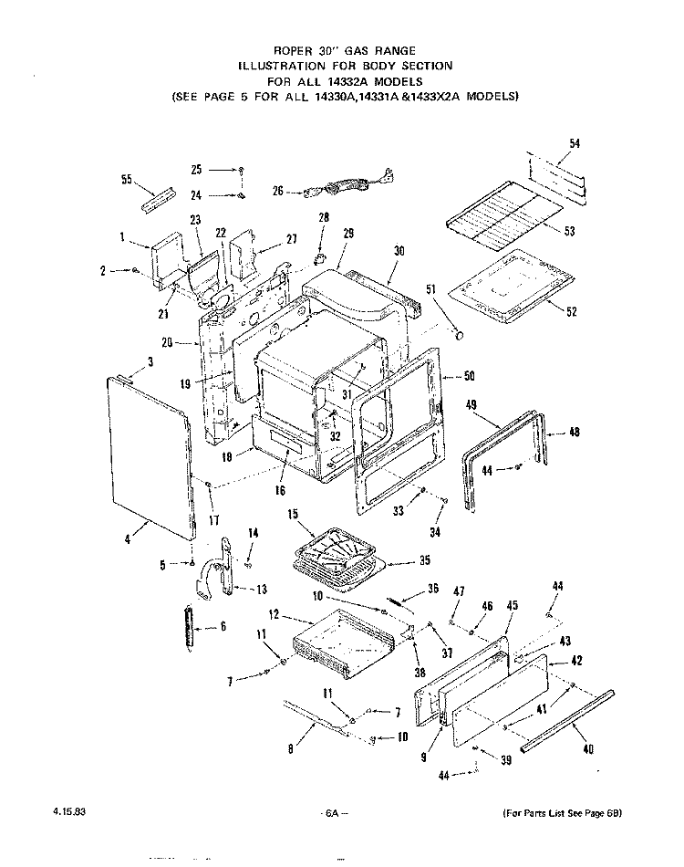OVEN DOOR Diagram and Parts List for 1433W1A  Roper Range