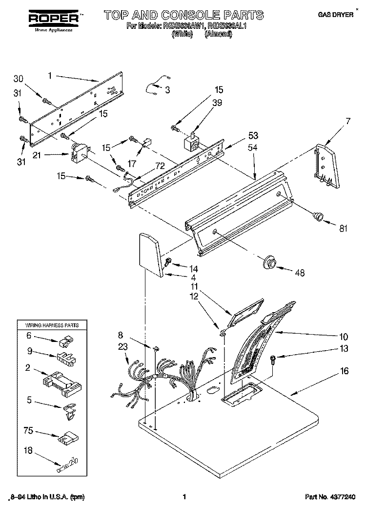 TOP AND CONSOLE, LIT/OPTIONAL Diagram and Parts List for RGX5636AL1  Roper Dryer