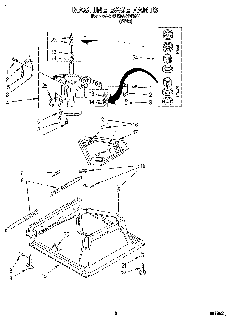 MACHINE BASE Diagram and Parts List for 6LSP8255BW2  Whirlpool Washer
