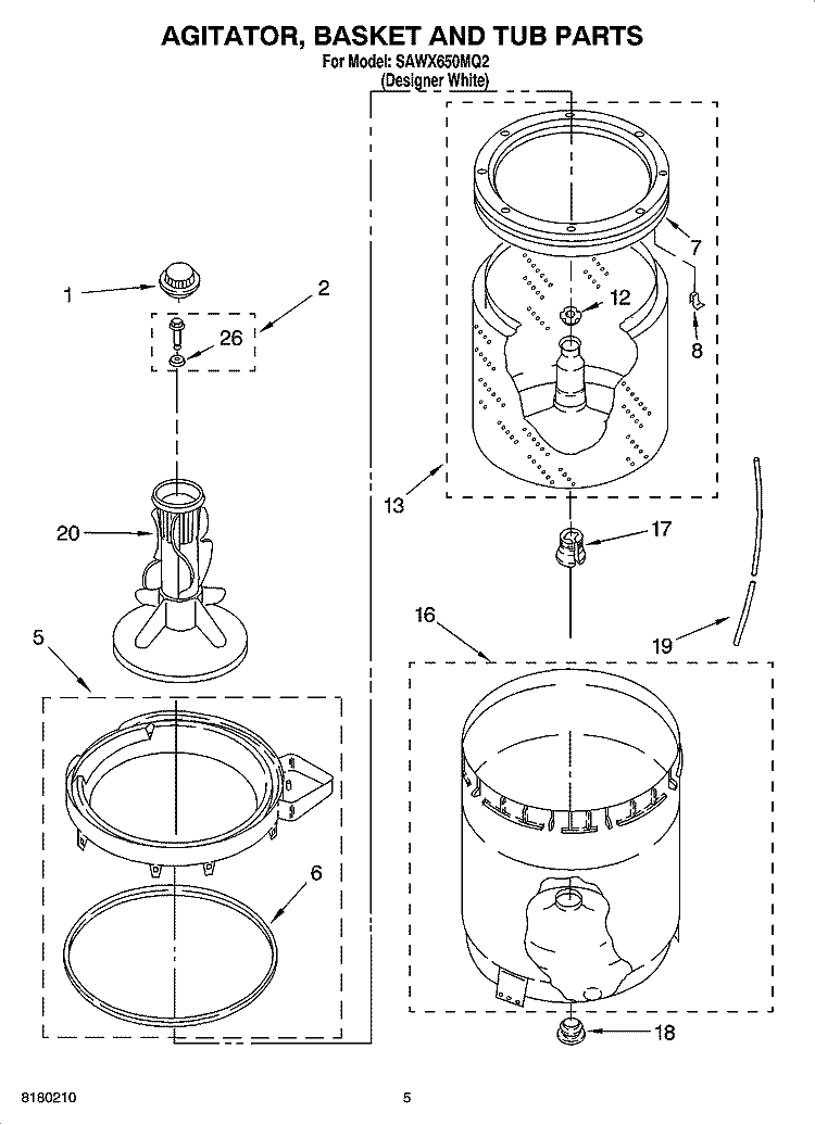 AGITATOR, BASKET AND TUB PARTS Diagram and Parts List for SAWX650MQ2  Whirlpool Washer