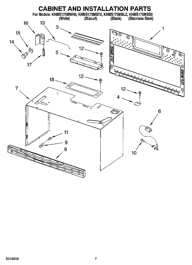 CABINET AND INSTALLATION PARTS Diagram and Parts List for KHMS175MWH0  KitchenAid Microwave
