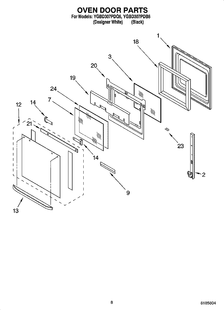 OVEN DOOR PARTS Diagram and Parts List for YGBD307PDQ6  Whirlpool Wall Oven