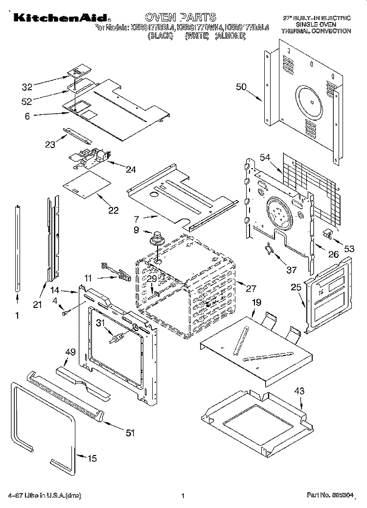 OVEN Diagram and Parts List for KEBS177DWH4  KitchenAid Wall Oven