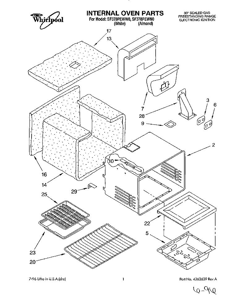 INTERNAL OVEN Diagram and Parts List for SF378PEWW0  Whirlpool Range