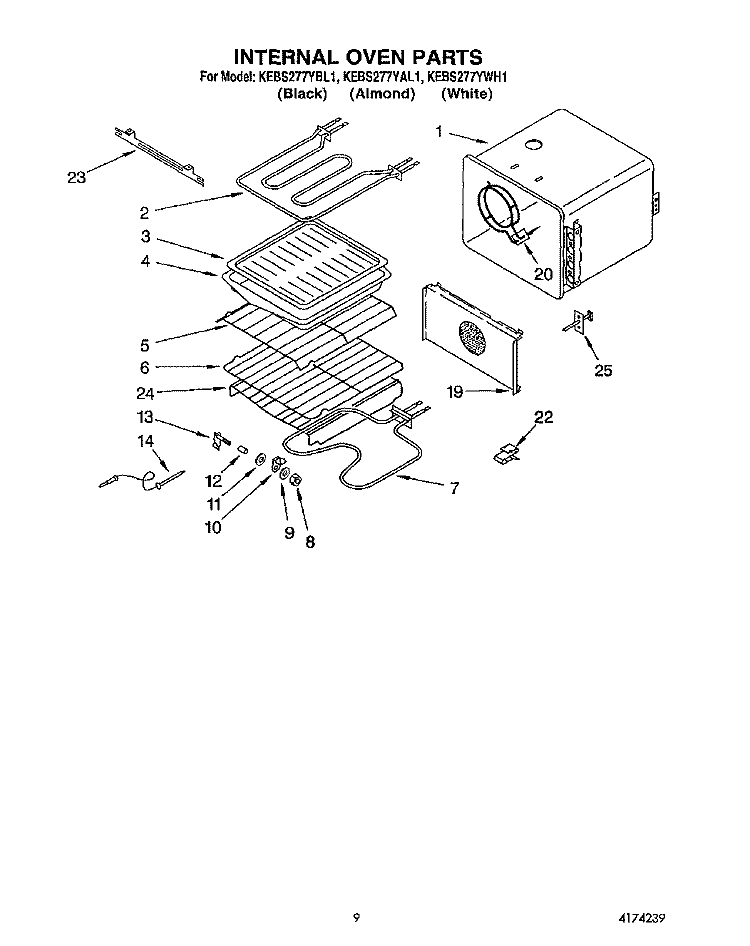 INTERNAL OVEN Diagram and Parts List for KEBS277YWH1  KitchenAid Wall Oven