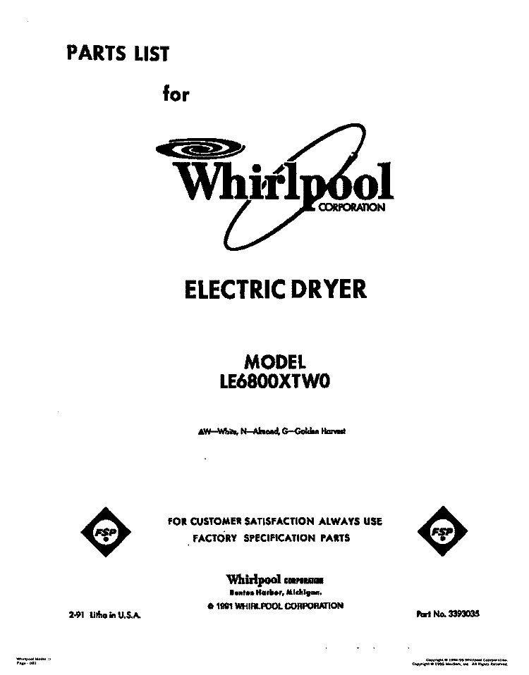 SECTION Diagram and Parts List for LE6800XTG0  Whirlpool Dryer