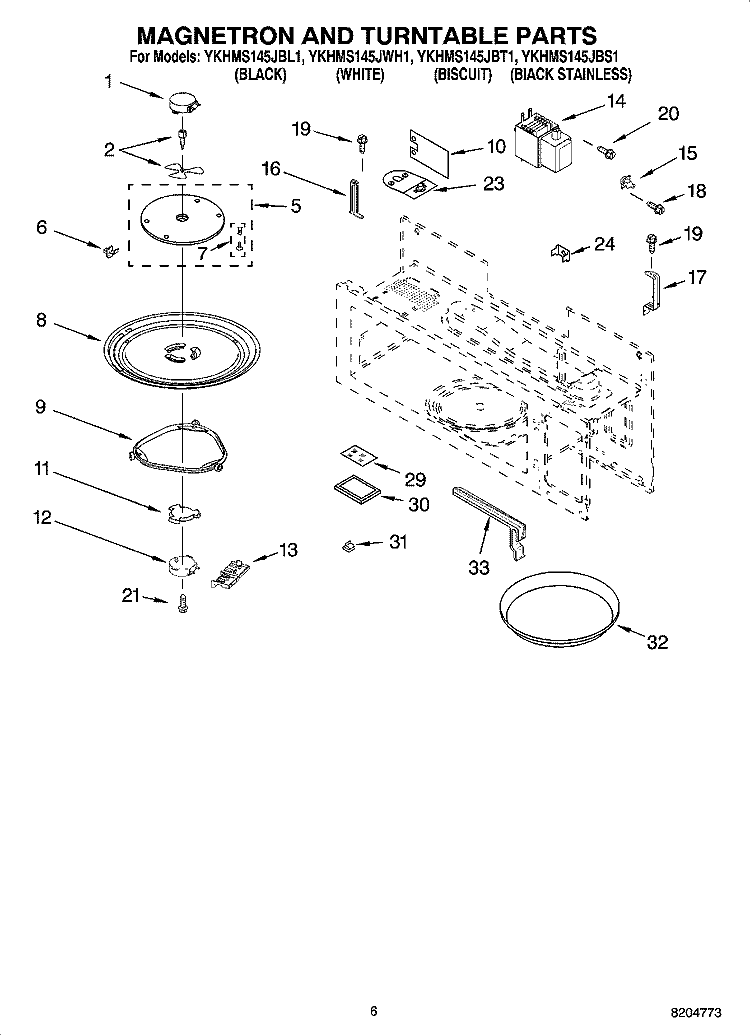 MAGNETRON AND TURNTABLE PARTS Diagram and Parts List for YKHMS145JBT1  KitchenAid Microwave