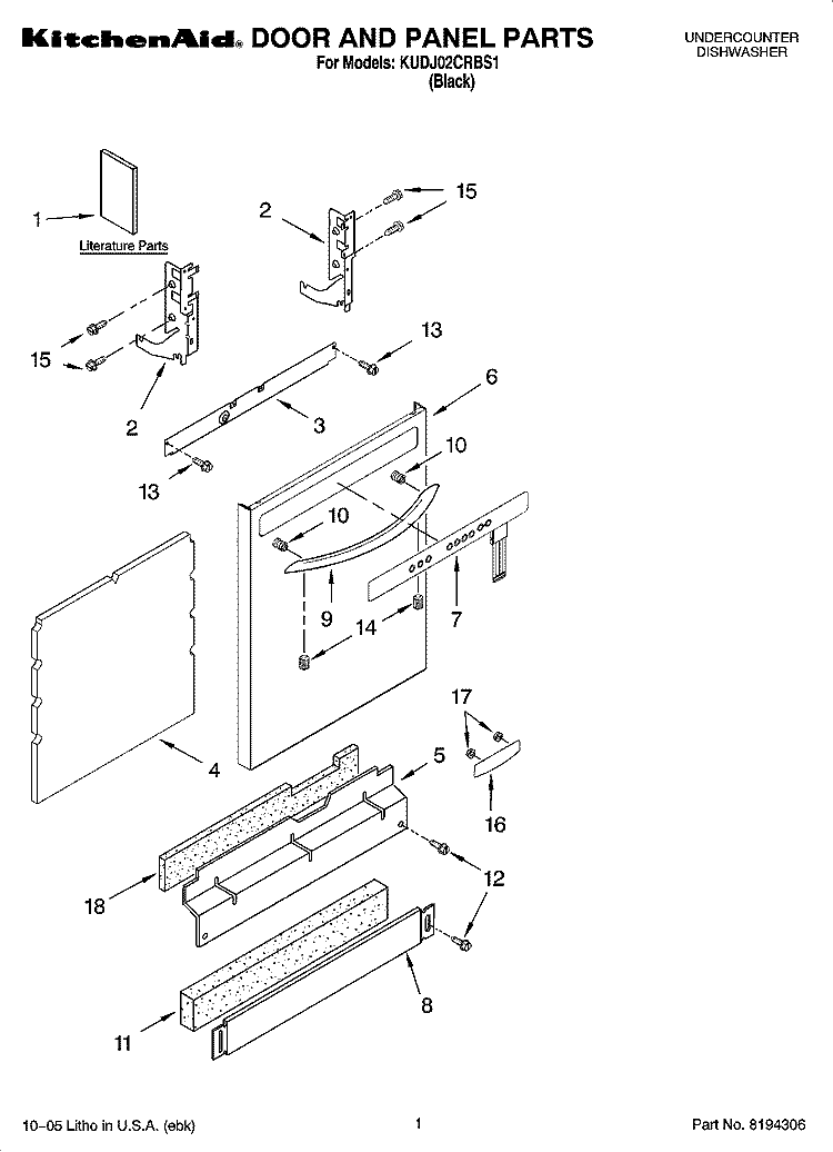 DOOR AND PANEL PARTS Diagram and Parts List for KUDJ02CRBS1  KitchenAid Dishwasher