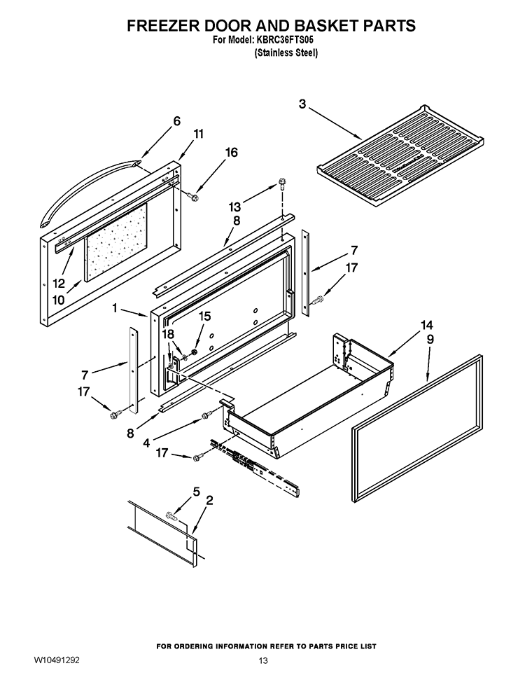 FREEZER DOOR AND BASKET PARTS Diagram and Parts List for KBRC36FTS05  KitchenAid Refrigerator