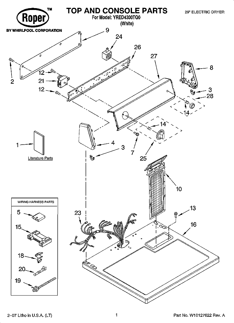 TOP AND CONSOLE PARTS Diagram and Parts List for YRED4300TQ0  Roper Dryer