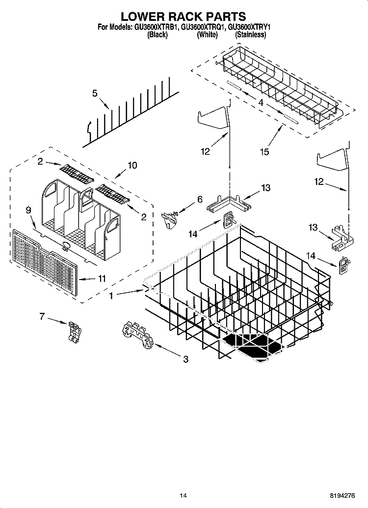 LOWER RACK PARTS Diagram and Parts List for GU3600XTRB1  Whirlpool Dishwasher