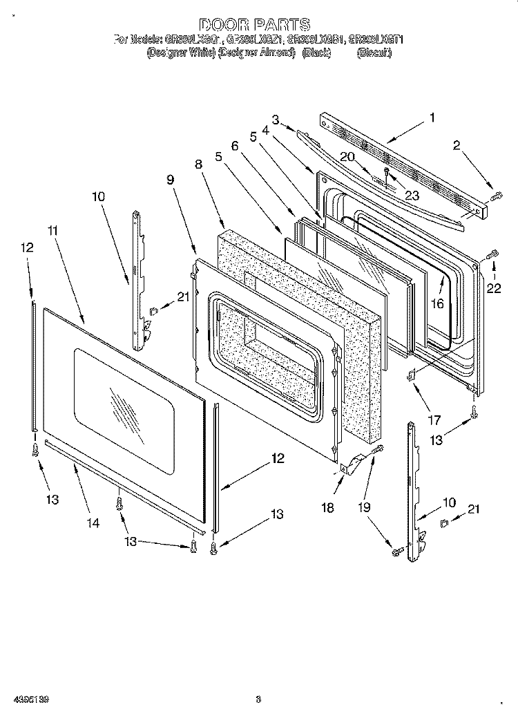 DOOR Diagram and Parts List for GR399LXGT1  Whirlpool Range