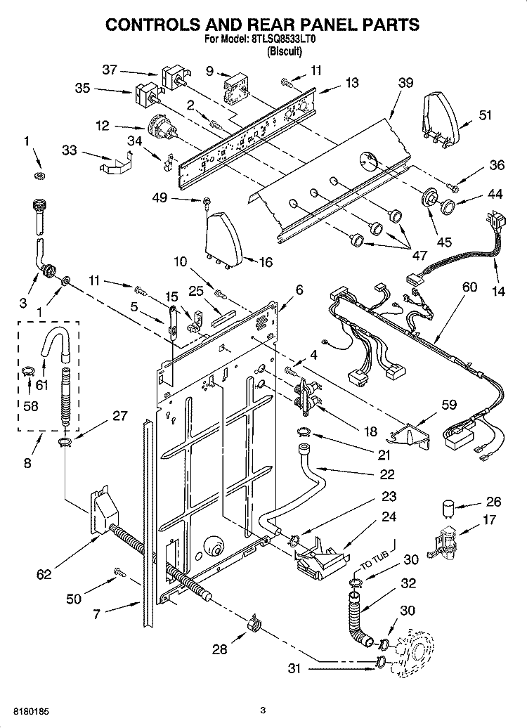 CONTROLS AND REAR PANEL PARTS Diagram and Parts List for 8TLSQ8533LT0  Whirlpool Washer