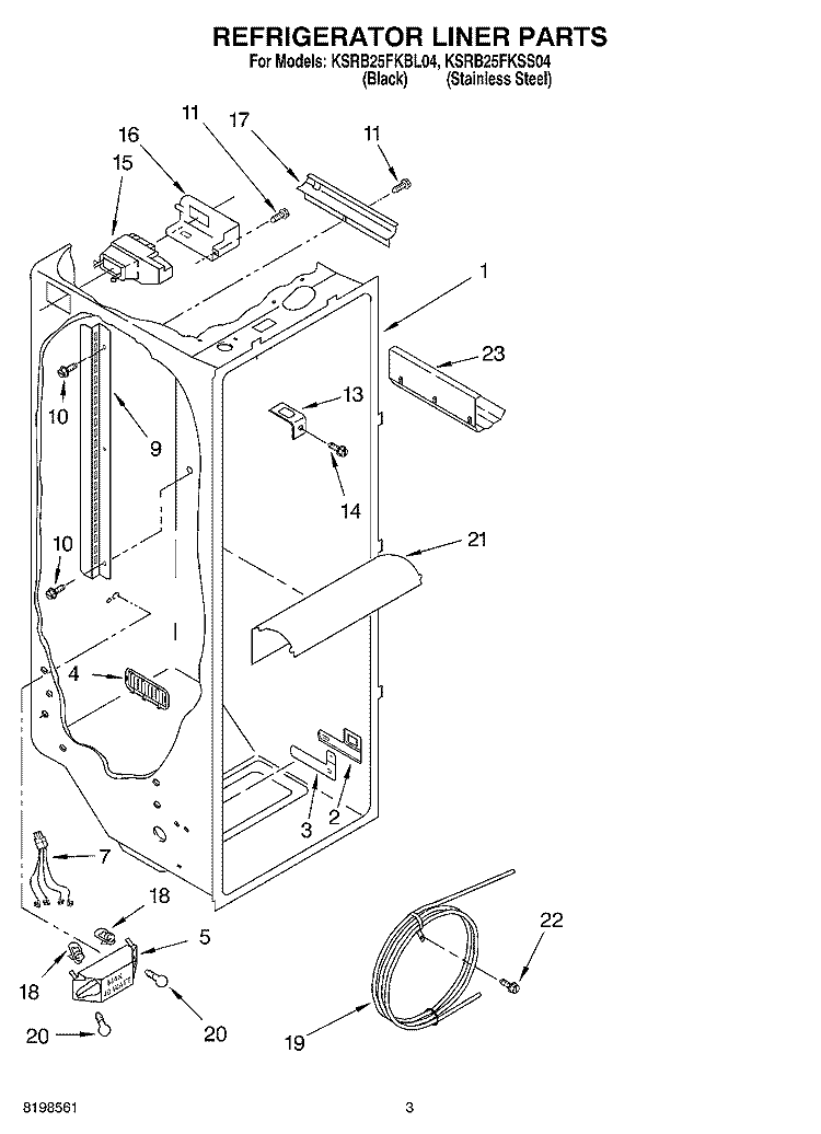 REFRIGERATOR LINER PARTS Diagram and Parts List for KSRB25FKBL04  KitchenAid Refrigerator