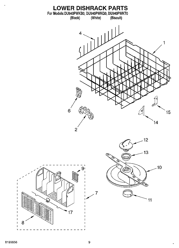 LOWER DISHRACK Diagram and Parts List for DU940PWKB0  Whirlpool Dishwasher