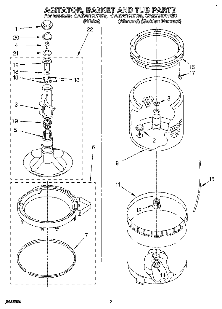 AGITATOR, BASKET AND TUB Diagram and Parts List for CA2751XYN0  Whirlpool Washer