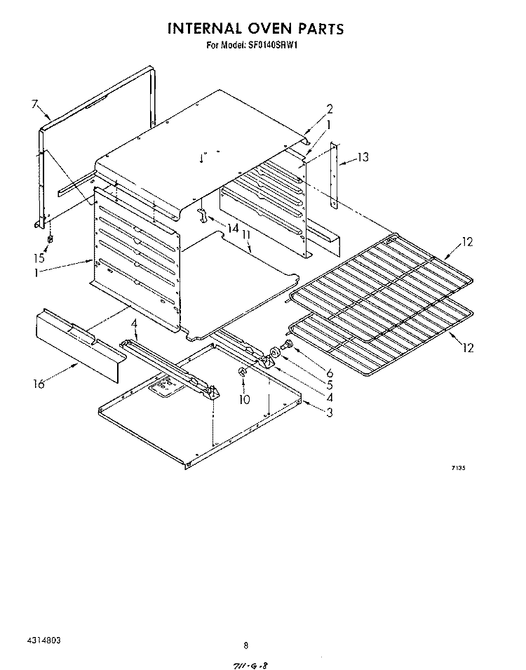 INTERNAL OVEN Diagram and Parts List for SF0140SRW1  Whirlpool Range