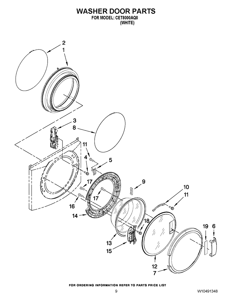WASHER DOOR PARTS Diagram and Parts List for CET8000AQ0  Whirlpool Washer Dryer Combo