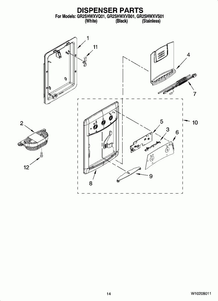 DISPENSER PARTS, OPTIONAL PARTS Diagram and Parts List for GR2SHWXVS01  Whirlpool Refrigerator