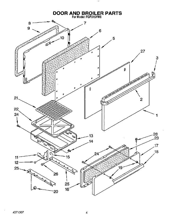 DOOR AND BROILER Diagram and Parts List for FGP315YW0  Roper Range