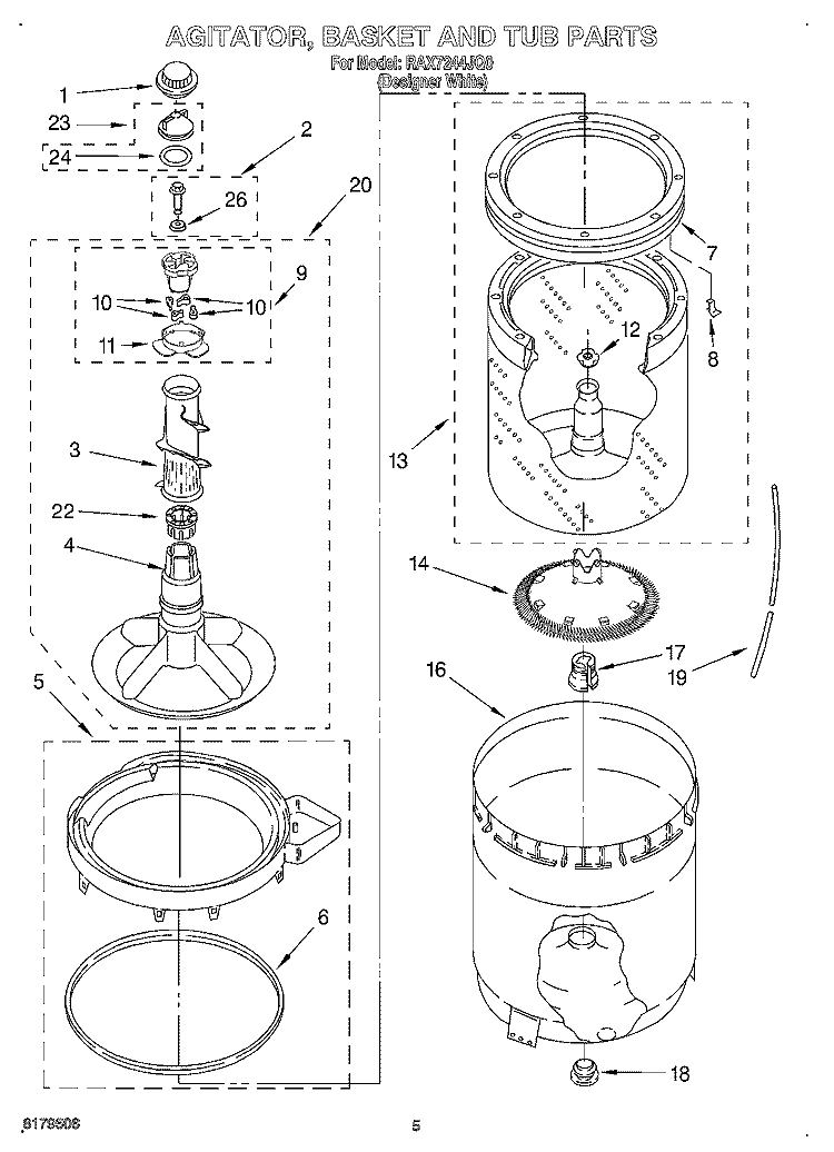 AGITATOR, BASKET AND TUB Diagram and Parts List for 95LEGB5  Whirlpool Washer