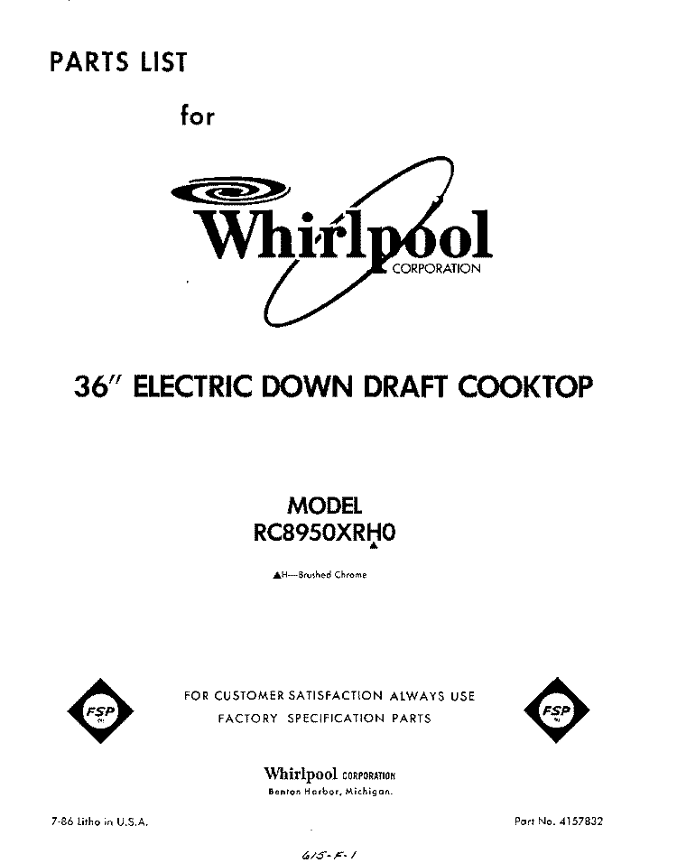 FRONT COVER Diagram and Parts List for RC8950XRH0  Whirlpool Cooktop