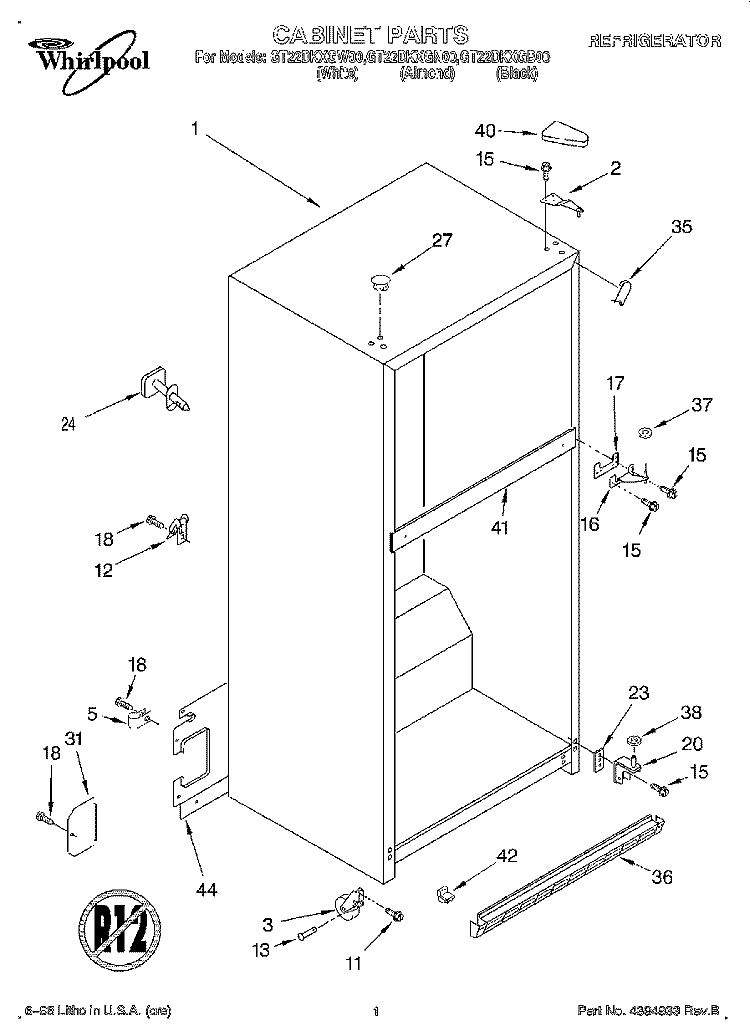 CABINET Diagram and Parts List for GT22DKXGN00  Whirlpool Refrigerator