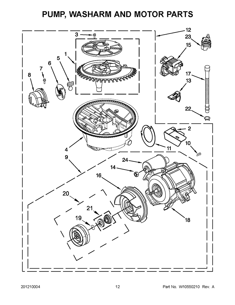PUMP, WASHARM AND MOTOR PARTS Diagram and Parts List for KUDS30IBBT1  KitchenAid Dishwasher