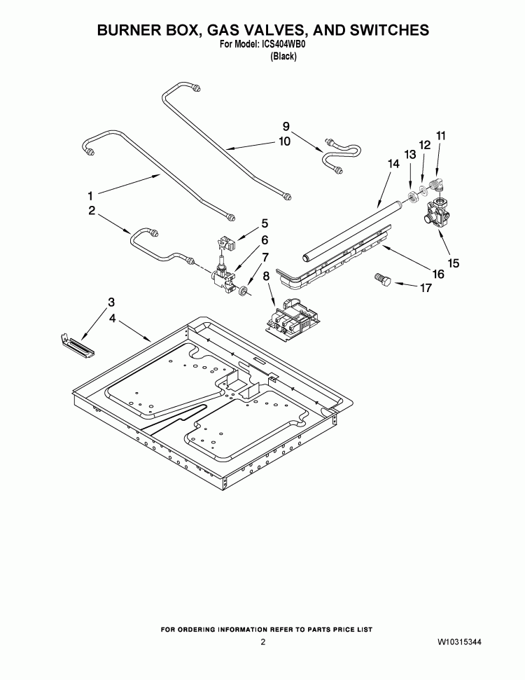 BURNER BOX, GAS VALVES, AND SWITCHES Diagram and Parts List for ICS404WB0  Whirlpool Cooktop