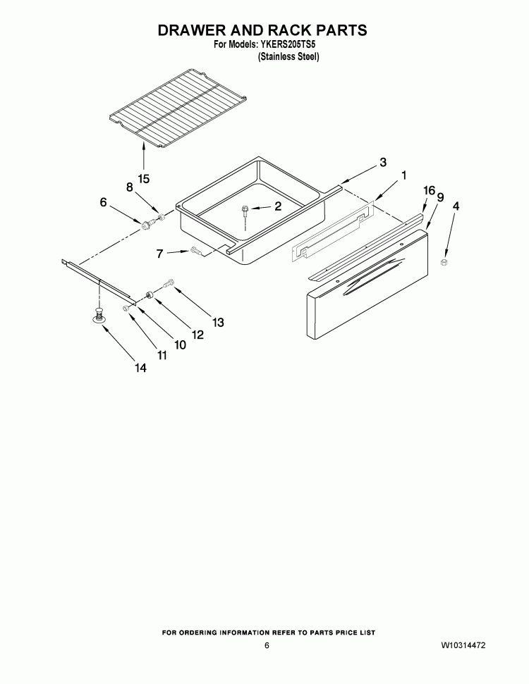 DRAWER AND RACK PARTS Diagram and Parts List for YKERS205TS5  KitchenAid Range