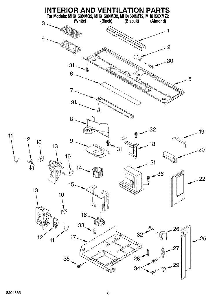 INTERIOR AND VENTILATION PARTS Diagram and Parts List for MH8150XMT2  Whirlpool Microwave