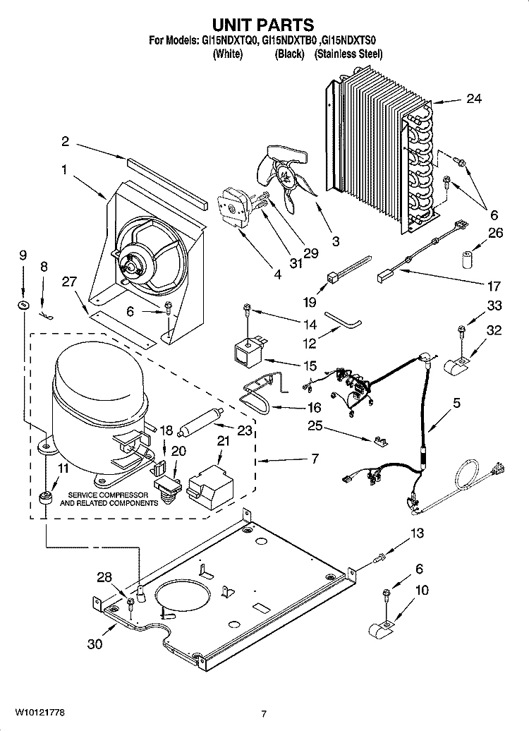 UNIT PARTS, OPTIONAL PARTS (NOT INCLUDED) Diagram and Parts List for GI15NDXTB0  Whirlpool Ice Maker